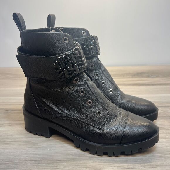 DESIGNER RUNWAY KARL LAGERFELD PARIS BLACK CRYSTAL PIPPA LEATHER COMBAT BOOT 11 - Picture 1 of 12